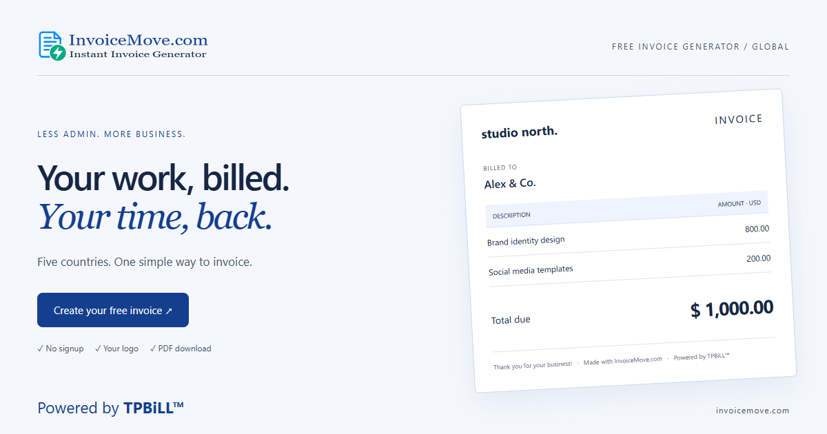 Free instant invoice generator | InvoiceMove.com — sample invoice — Powered by TPBiLL™